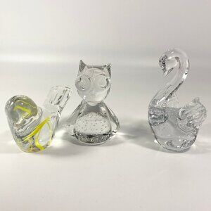 Vintage set of 3 Large glass owl, swan & Bird paperweight, figurines